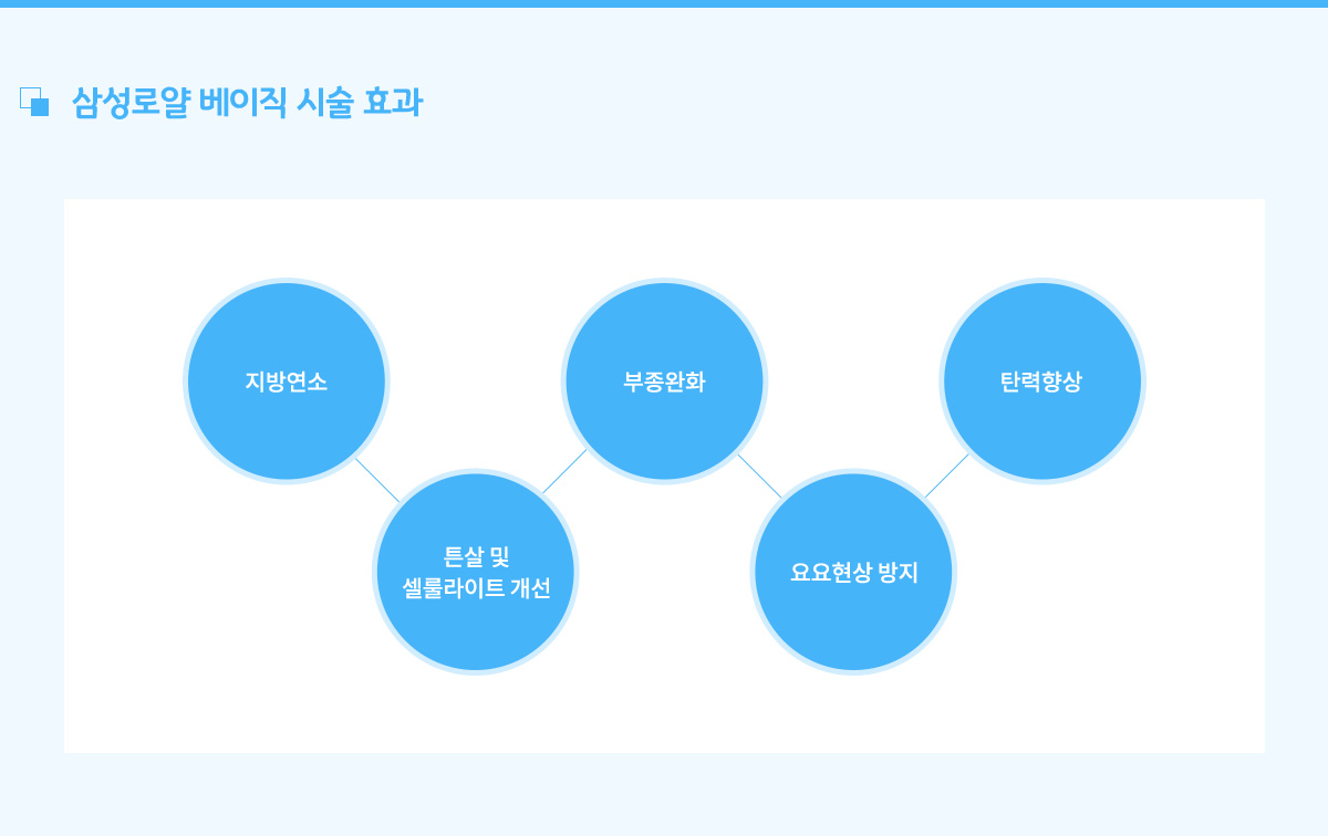 삼성로얄 베이직 시술 효과,
					지방연소, 튼살 및 셀룰라이트 개선, 부종완화, 요요현상 방지, 탄력향상